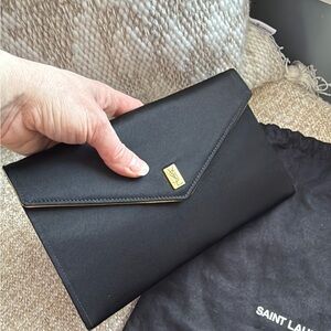 New Auth Saint Laurent small Black silk envelope Clutch Metallic Gold Accent YSL